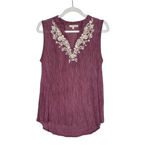 Orange Creek Sleeveless Embroidered Crushed Tank Top Pink Purple Small V-Neck